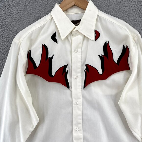 Vintage Steer West Shirt Mens Large White Red Flames Rockabilly Rodeo Cowboy* - Picture 2 of 11